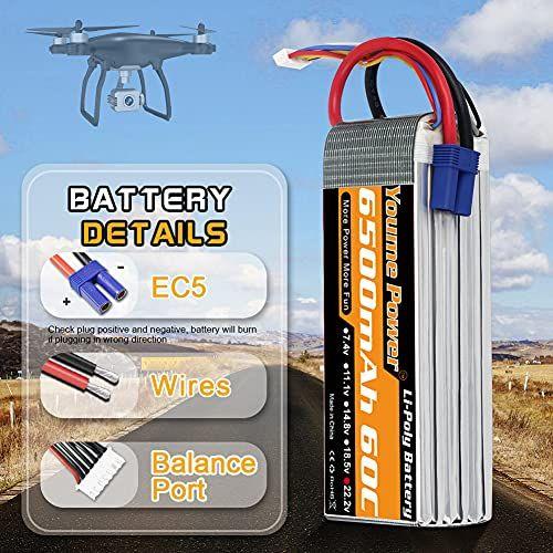 Imagem de Youme 6S Lipo Bateria EC5, 2Packs 22.2V RC LiPo Bateria 6500mAh 60C com EC5 Plug para RC DJI E-Flite Avião Quadcopter Helicóptero Alinhar 7.2 700L Yak 54 T-REX