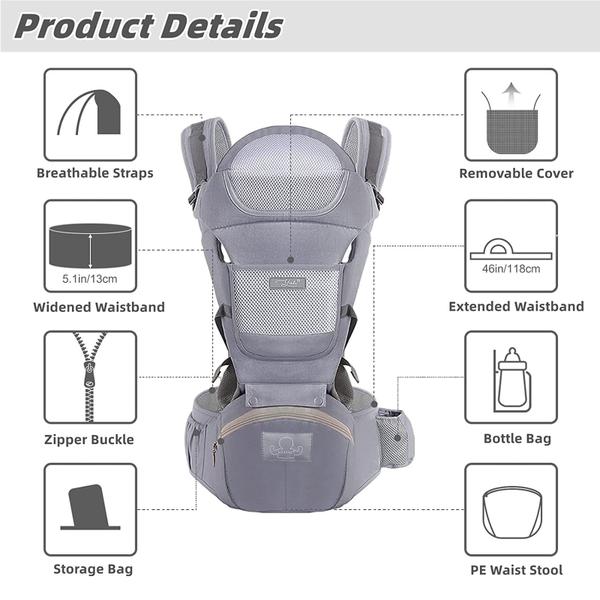 Imagem de YSSKTC Baby Carrier Ergonomic Infant Carrier with Hip Seat Kangaroo Bag Soft Baby Carrier Newborn to Toddler 7-45lbs Front and Back Baby Holder Carrier for Men Dad Mom (Cinza)