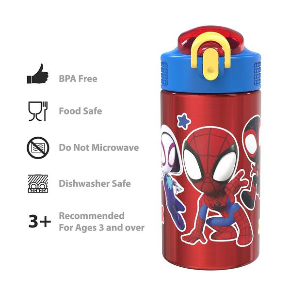 Imagem de Zak projeta Marvel Spider-Man 18/8 Single Wall Inoxidável Garrafa de água infantil, flip straw locking spout cover, Durable Cup for Sports or Travel (15.5oz, Non-BPA, Spidey and His Amazing Friends)