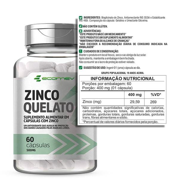 Imagem de Zinco Quelato Puro Dose Máxima 400Mg 60 Cáps 2 Meses Ecomev