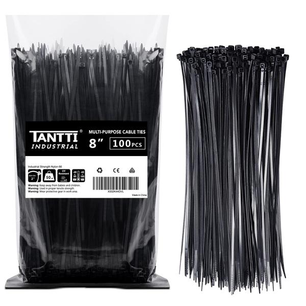 Imagem de Zip Ties Tantti Supply 20 cm pretas, pacote com 100 unidades, 22,68 kg de tração