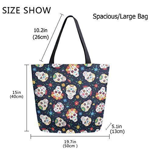 Imagem de ZzWwR Chic Mexican Sugar Skulls Day of the Dead Floral Pattern Large Canvas Gym Beach Travel Reusable Grocery Shopping Tote Bag