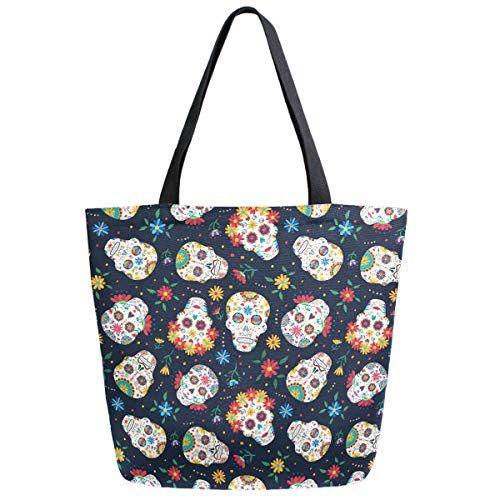 Imagem de ZzWwR Chic Mexican Sugar Skulls Day of the Dead Floral Pattern Large Canvas Gym Beach Travel Reusable Grocery Shopping Tote Bag