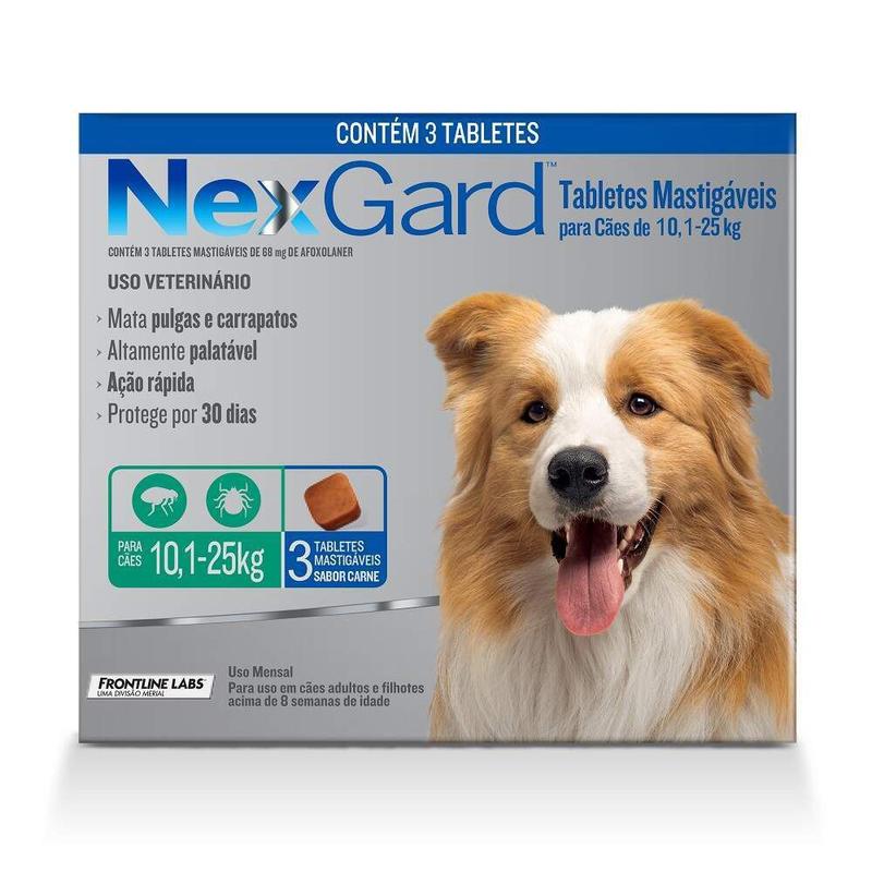 Antipulgas e Carrapatos NexGard para Cães de 10,1 a 25kg - 3 Unidades