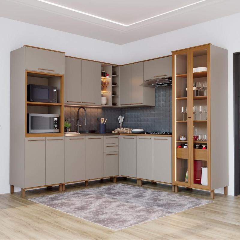 Armário de Cozinha Modulada Completa de Canto Fidelitá Berlim 8 Peças 487cm 16 Portas 3 Gavetas Sem Tampo Camurça/Freijó