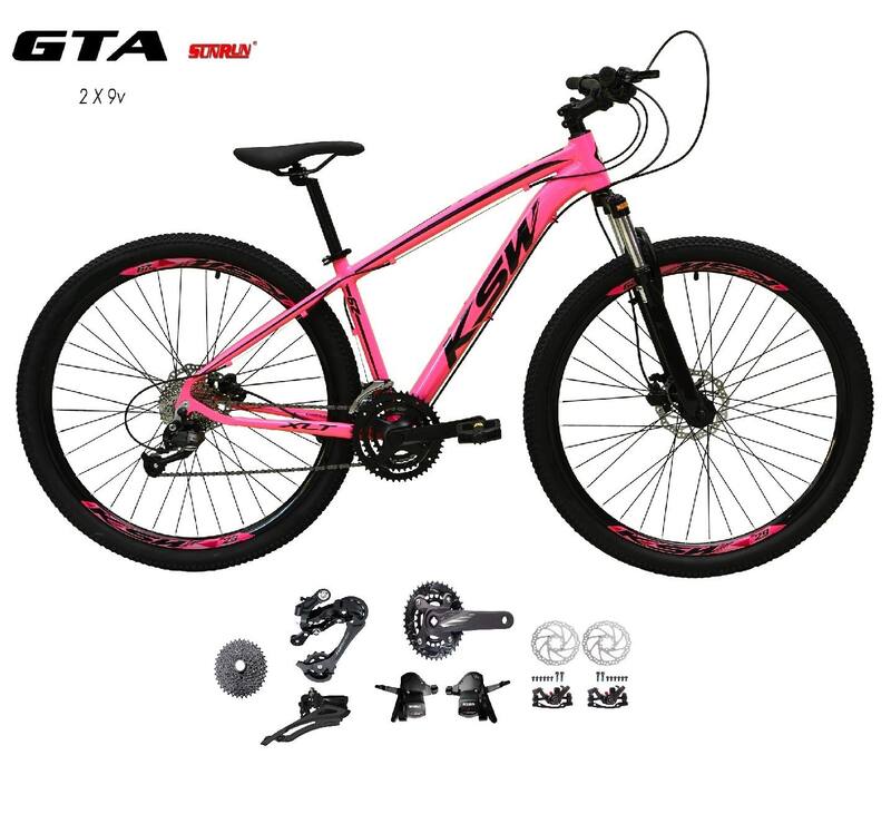 Bicicleta Aro 29 Ksw Xlt Kit 2x9 Gta Sunrun Freio Disco K7 Garfo com Trava Rosa Chiclete