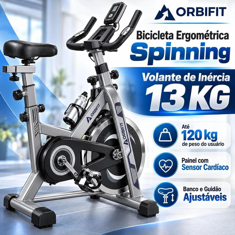 Bicicleta Ergométrica Spinning Profissional Cardio Roda Inércia 13kg Prata e Azul Orbifit