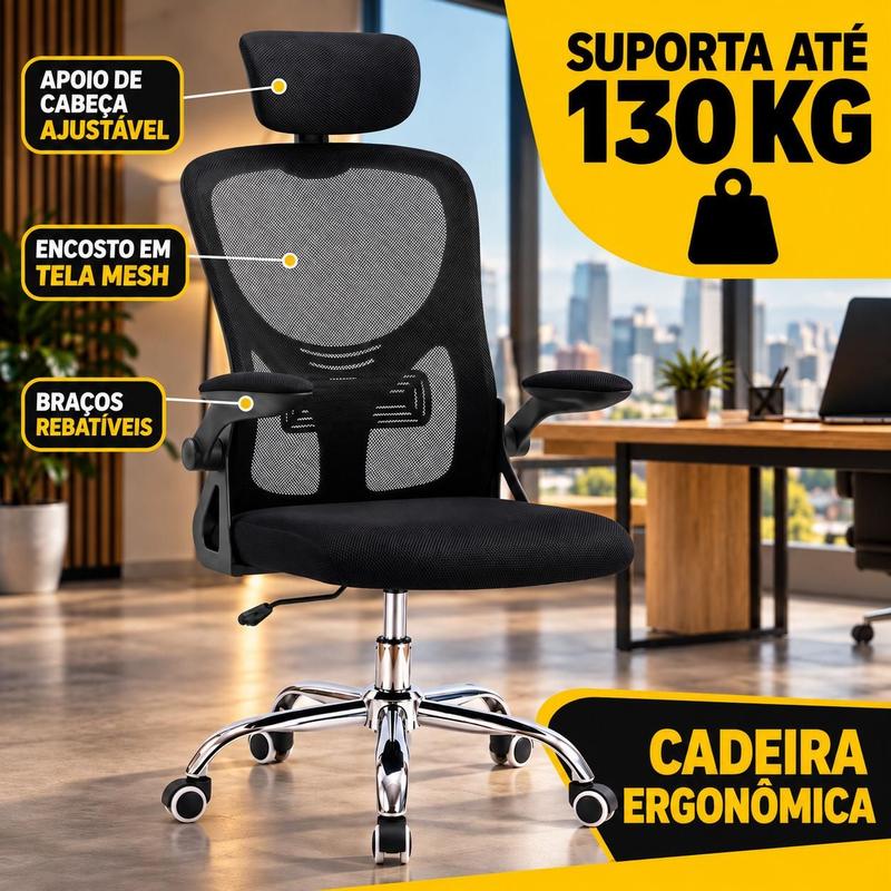 Cadeira De Escritório com Rodinhas Ergonômica Giratoria Ajuste Lombar Tecido Respirável Mesh Espuma