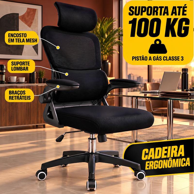 Cadeira De Escritório Suporta 100kg Ergonômica Giratoria Ajuste Lombar Tecido Respirável Em Mesh