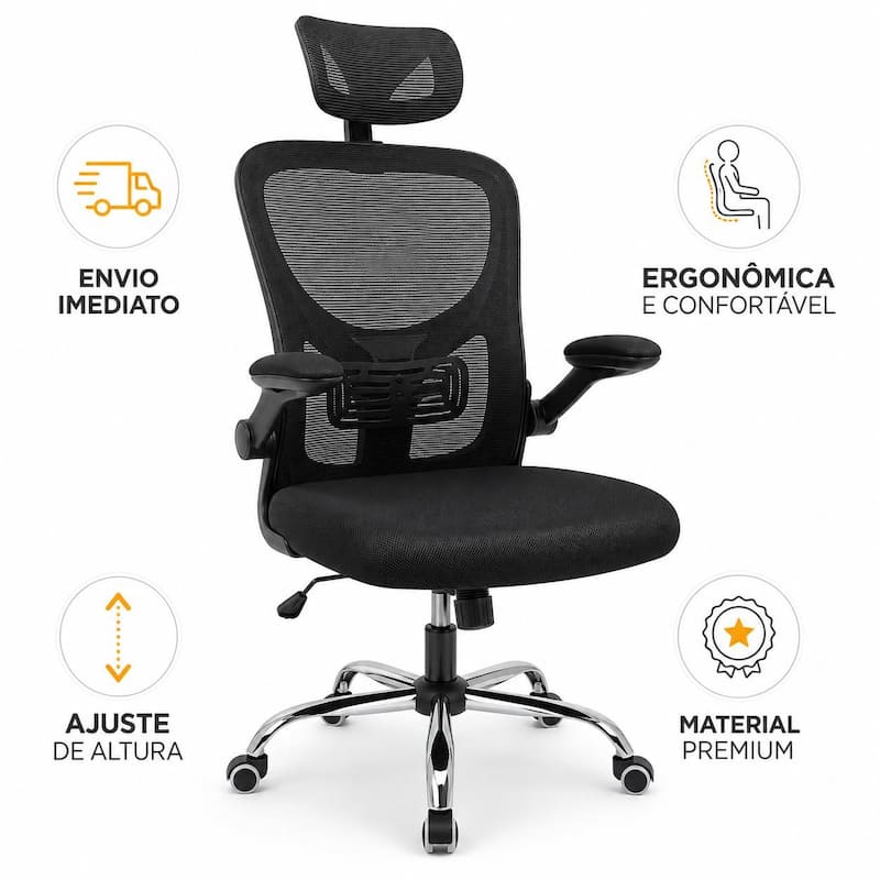 Cadeira Escritório Ergonômica Presidente Executiva Apoio Lombar Cabeça Ajustável Regulável Mesh