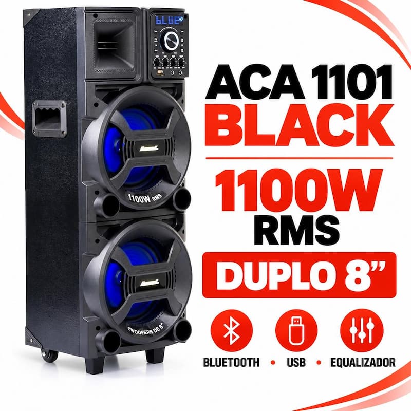 Caixa de Som Amplificada Amvox ACA 1101 Black Duplo 8 1100W RMS Bluetooth USB Bivolt