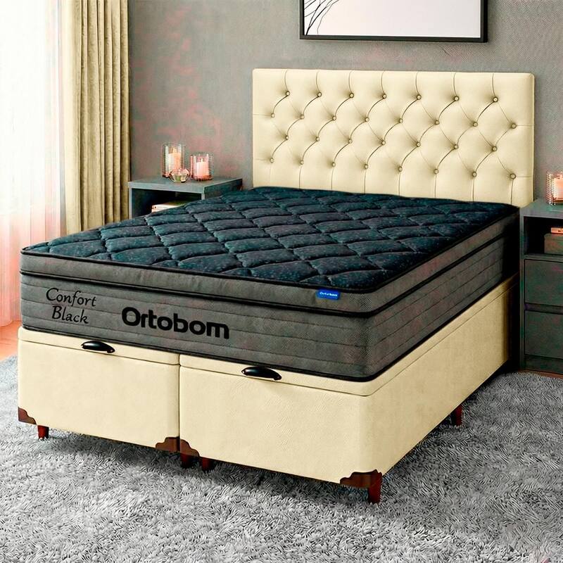 Cama Box Bau Begetiza + Cabeceira + Colchão Queen Confort Black Ortobom