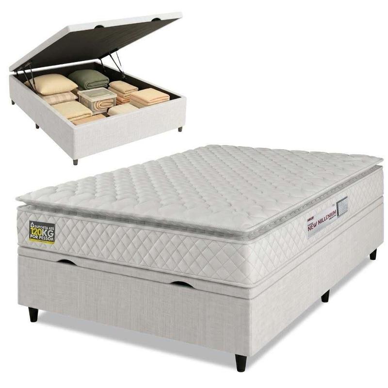 Cama Box Baú Casal Colchão Espuma D33 Pillow Top 138x188x60cm New Millenium Branco Linho Hellen