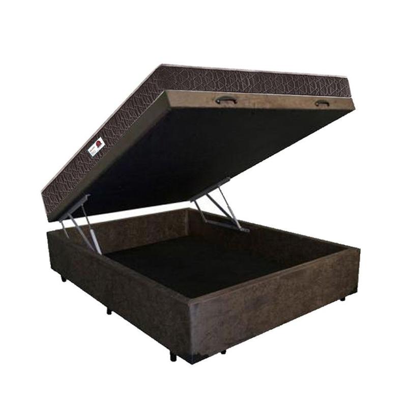Cama Box Baú Casal Colchão Espuma D45 Bordado + Box Suede Marrom Serra Negra 62x138x188