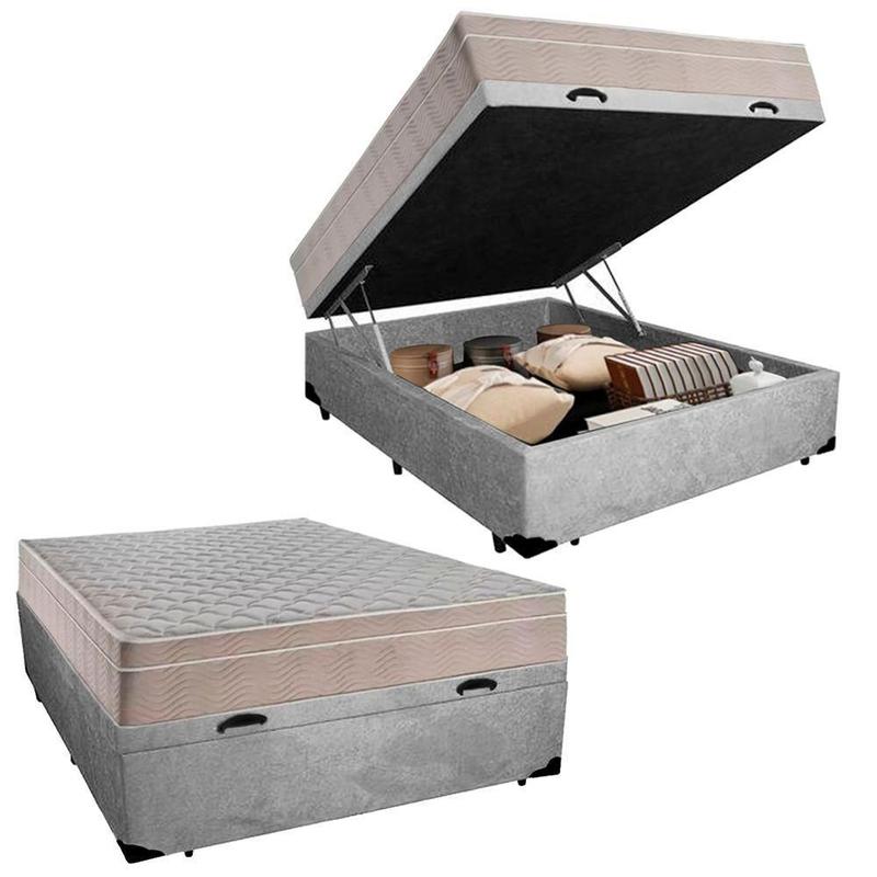 Cama Box Baú Casal Suede + Colchão Molas Ensacadas 138x188x69 Cinza