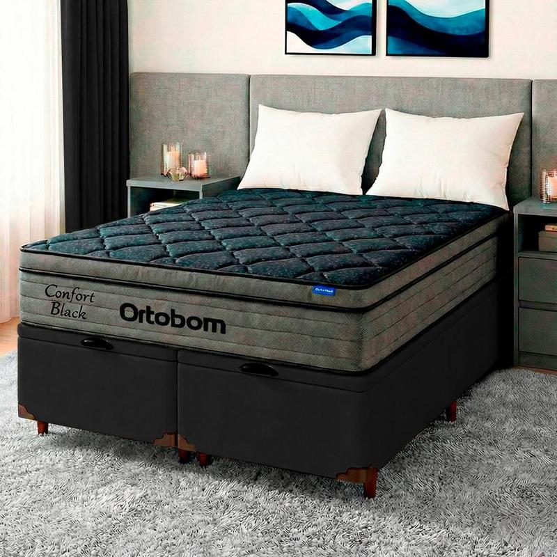 Cama Box Bau Preto+Colchão Queen Confort Black Ortobom