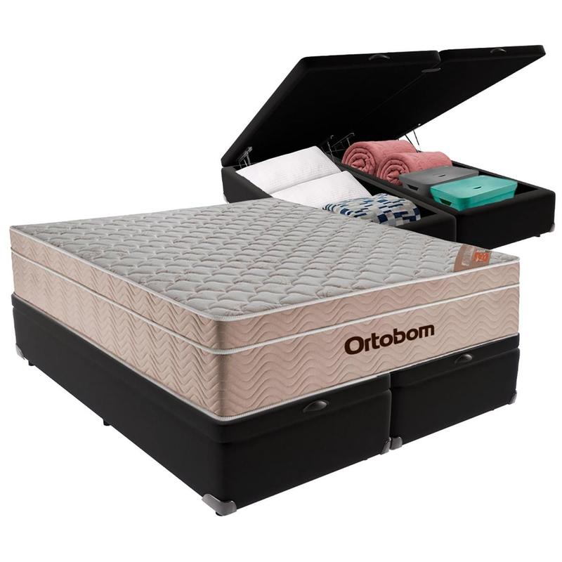 Cama Box Baú Queen Preto + Colchão Airtech Molas Ensacadas Ortobom