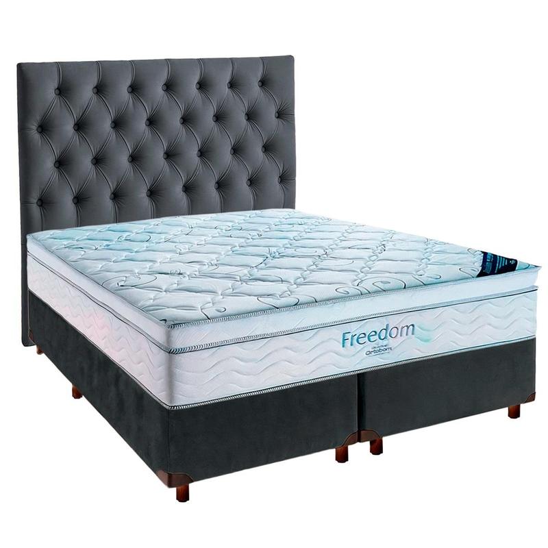 Cama Box Cinza + Colchão Queen Freedom Ortobom + Cabeceira