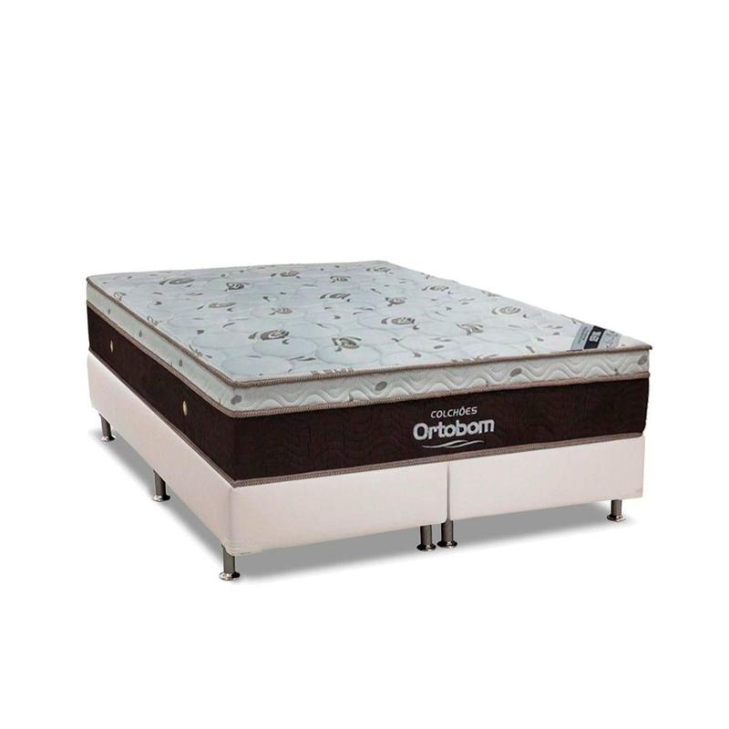 Cama Box Queen: Colchão Molas Ortobom SuperPocket Sleep King Látex + Base CRC Courano White(158x198)