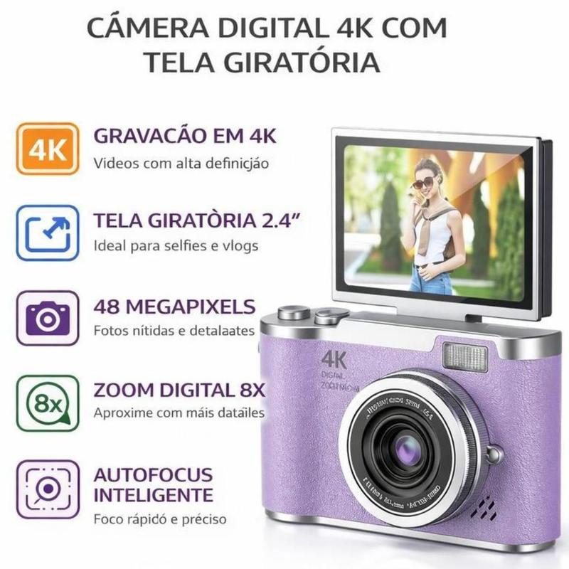 Câmera 4K com Zoom 8X Tela Flip e Flash para Gravações Profissionais e Selfies : ROXO