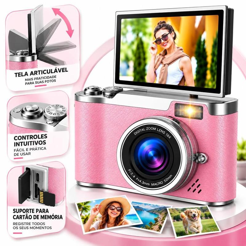 Câmera Digital para Vlog 4K com Zoom 8X e Tela Articulável Cor:Rosa