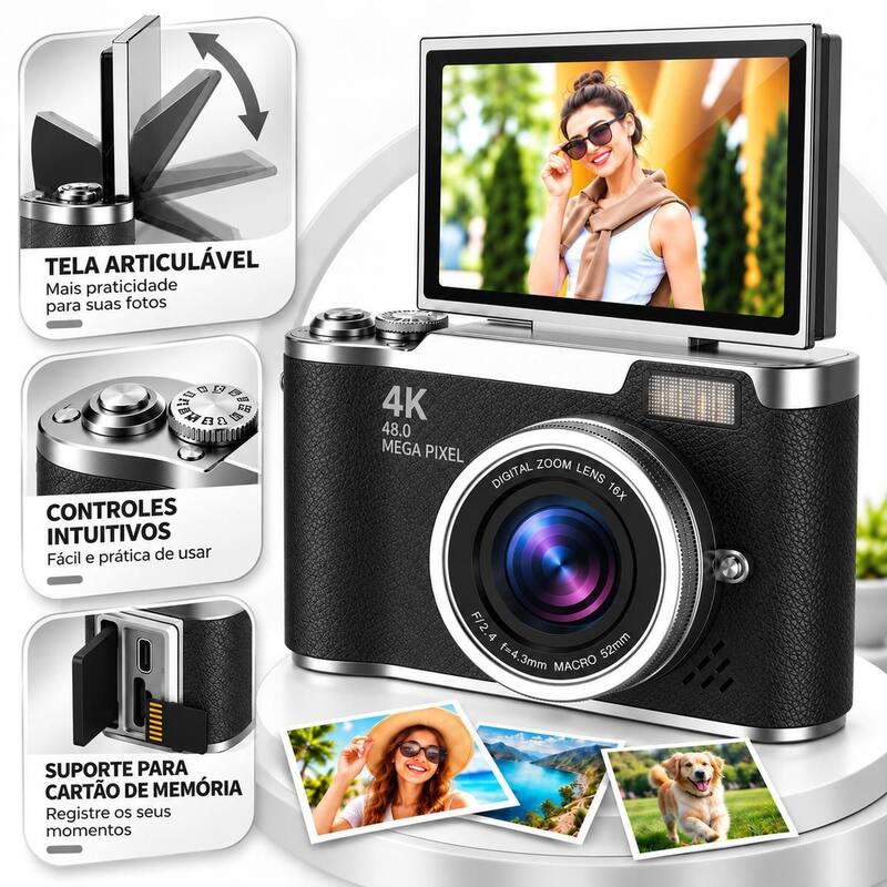 Câmera Fotográfica 48MP com Tela Flip Flash e Zoom Digital: Cor Preta