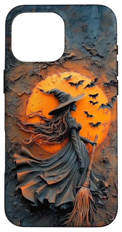 Capa para iPhone 16 Pro Max, silhueta de bruxa com morcegos, Halloween