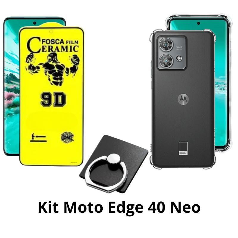 Capa Silicone Anti Choque + Película Matte Fosca + Anel Suporte para Moto Edge 40 Neo
