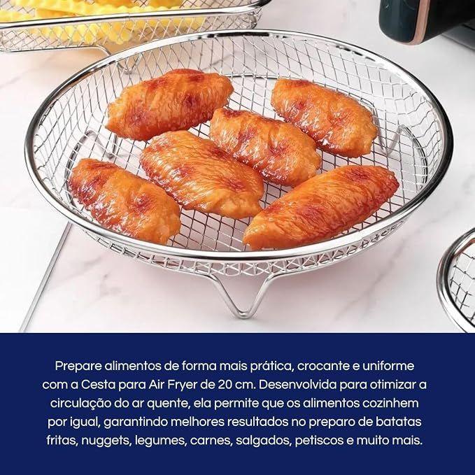 Cesta para Air Fryer Aço Inox Redonda 20 cm de Diâmetro Para Fritar Assar Legumes Petisco Alimento