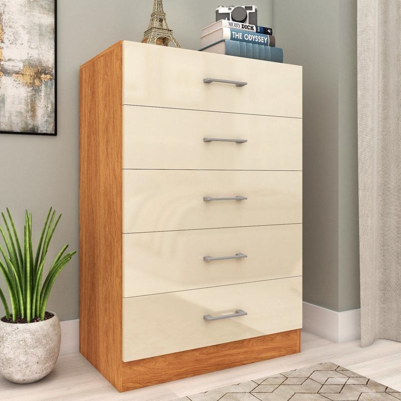 Cômoda para Quarto 5 Gavetas Aruba Bege/Cinamomo/Off White