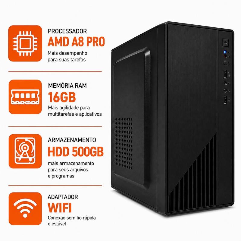 Computador CPU AMD A8 PRO 16gb Ram Ddr3 HD de 500gb Desktop Torre Pronta Para Uso