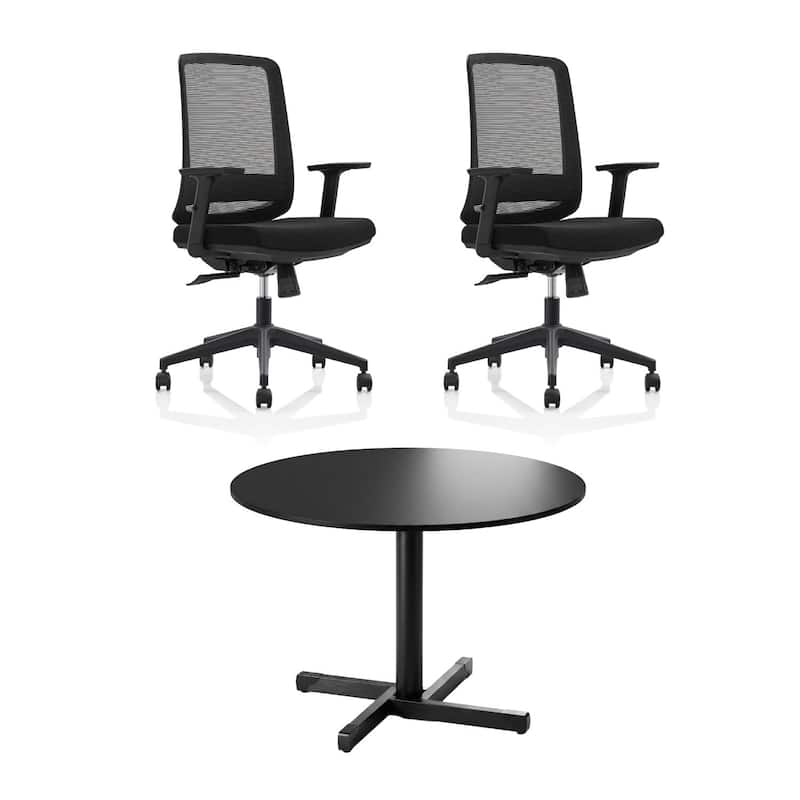 Conjunto Mesa de Reunião Redonda + 2 Cadeiras Netflex Ergonômicas Para Escritório Sistema Syncron