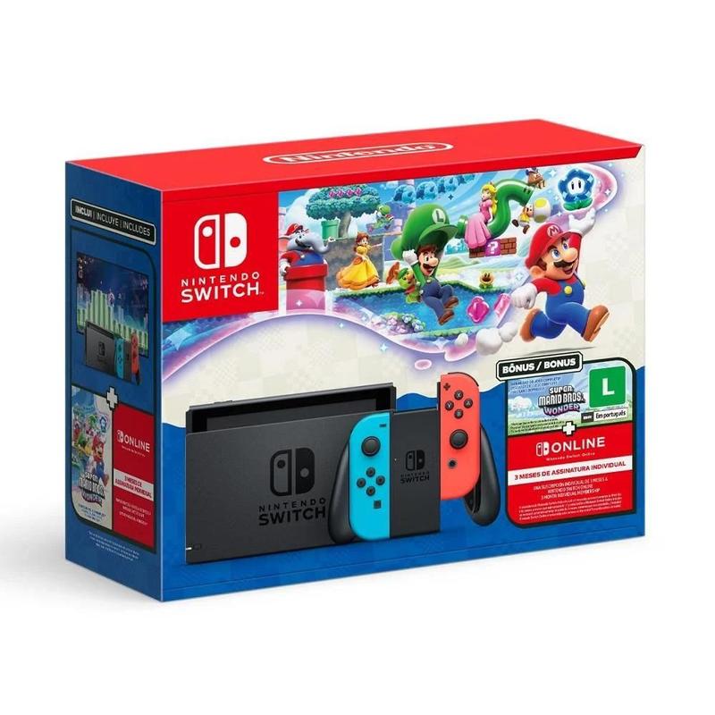 Console Nintendo Switch V2 e controle joycon Vermelho e Azul + Super Mario Bros. Wonder