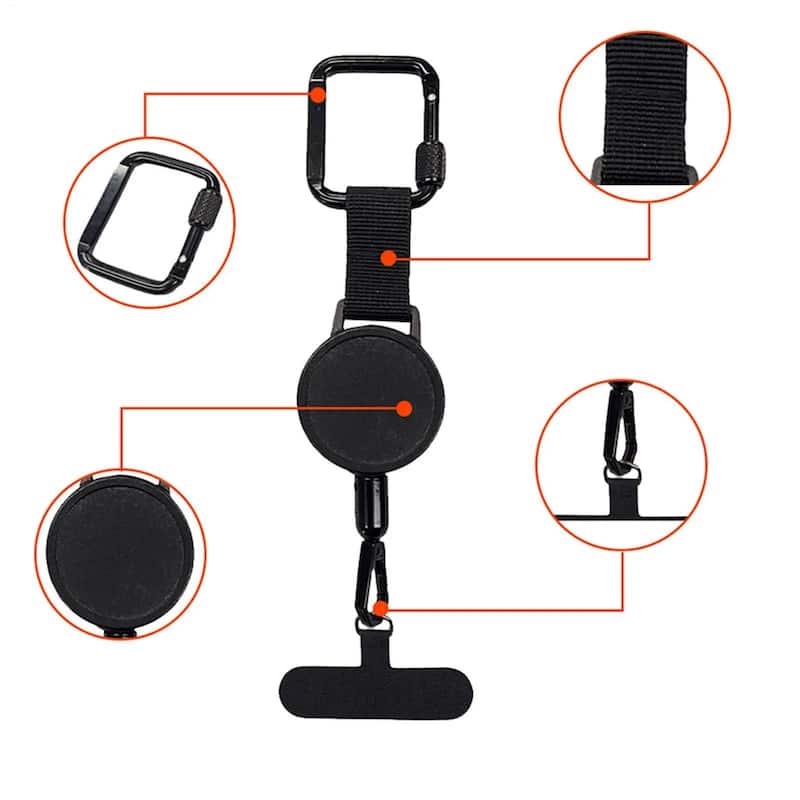 Reference feature image of retractable phone lanyard showing carabiner, cord reel and lower phone connection