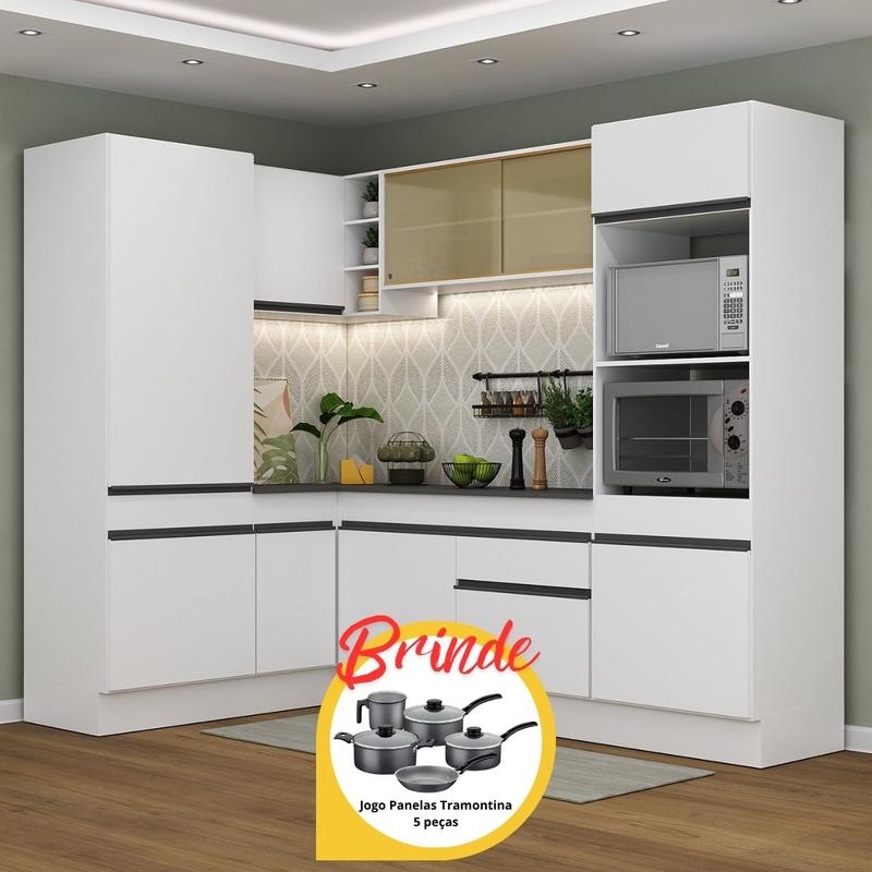Cozinha Completa de Canto Veneza MP2084 Multimóveis Branco Preto Brinde Jogo de Panelas Tramontina