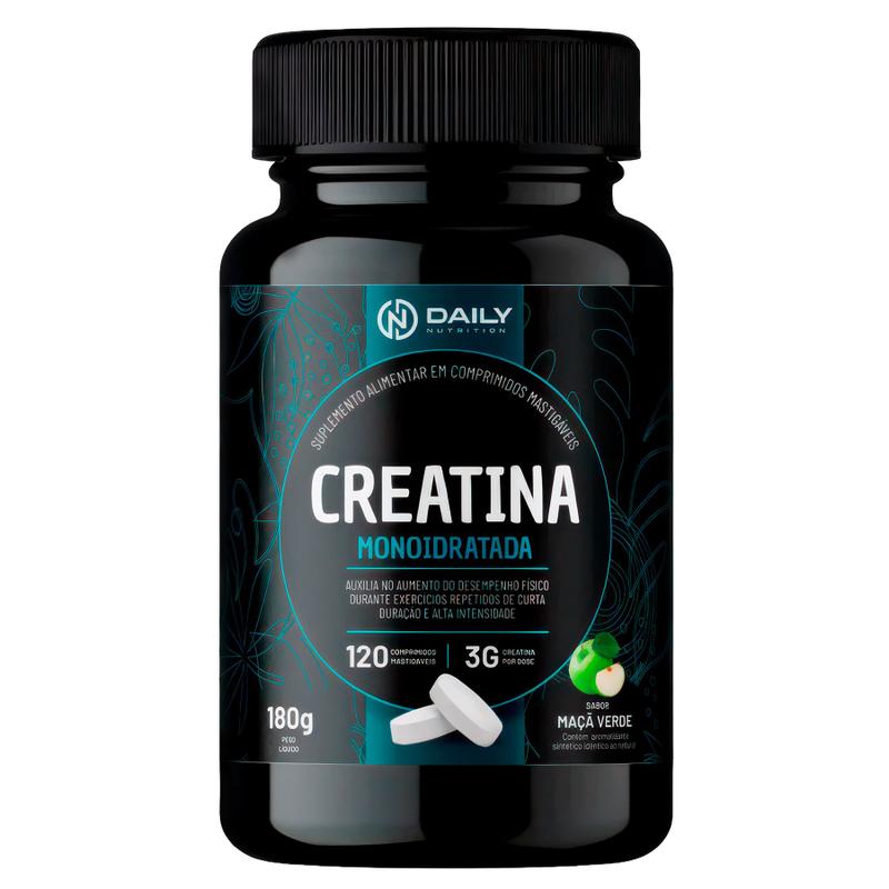 Creatina Monohidratada 3g 120 Comprimidos Mastigáveis Sabor Maçã Verde 30 Porções