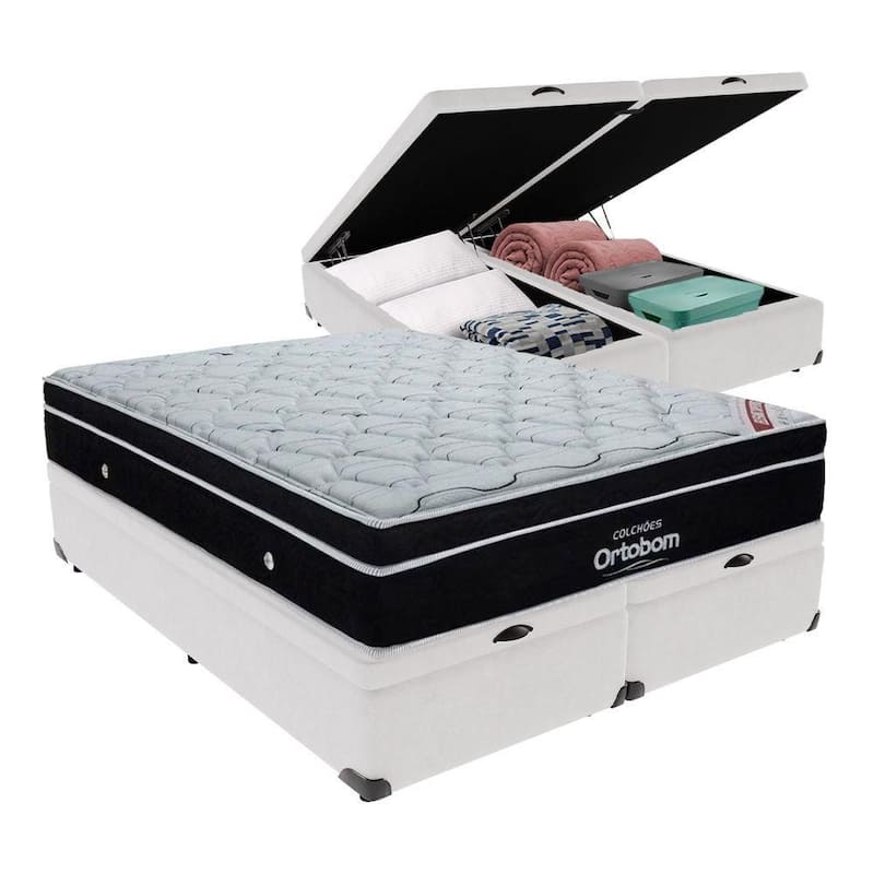 Elegant Ortobom Base Baú Branco Queen Colchão Mola Ensacada