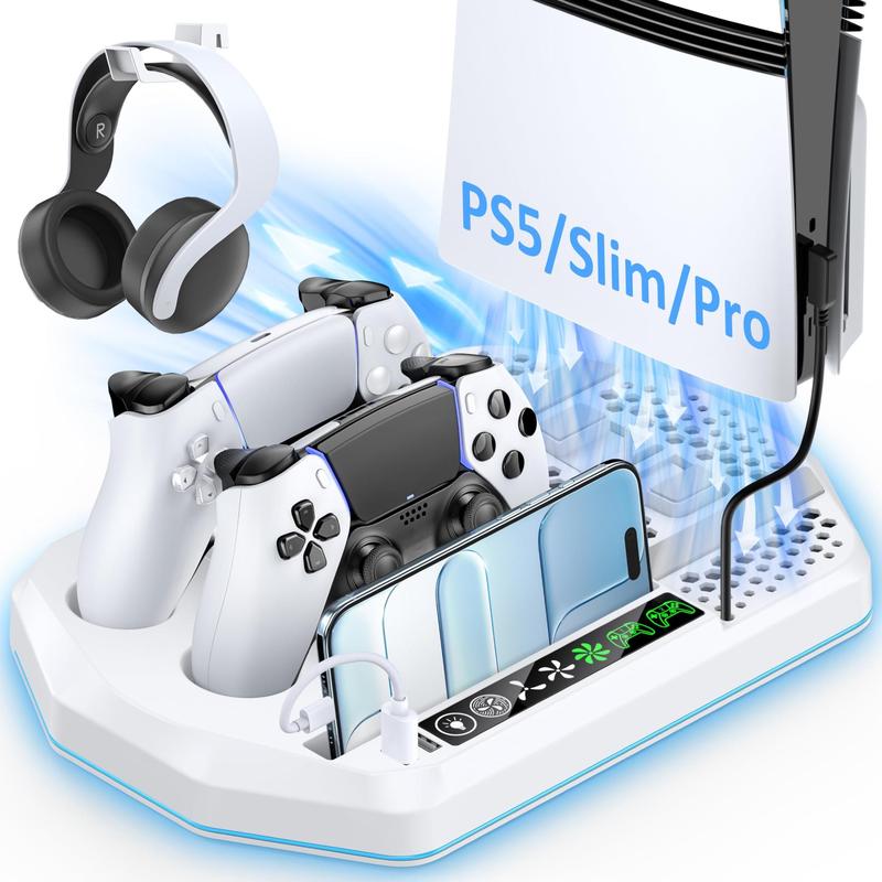 Estação de Resfriamento com Carregador para Controle para PS5/Slim/Pro, Suporte Vertical para PlayStation 5 Console com Disco e Digital, Estação de Carregamento Dupla para Controles PS5 com Ventilador de Resfriamento de 3 Níveis, Kit de Acessórios PS5