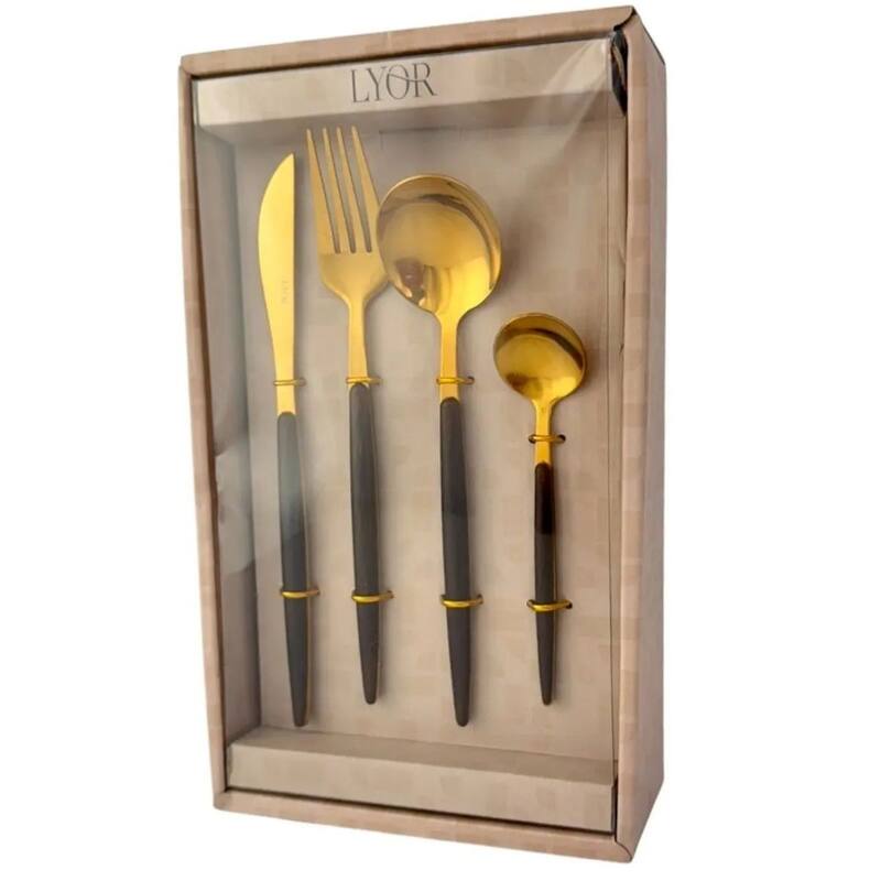 Faqueiro 24 Peças de Aço Inox com Cabo em Estampa de Madeira Organic Dourado Lyor