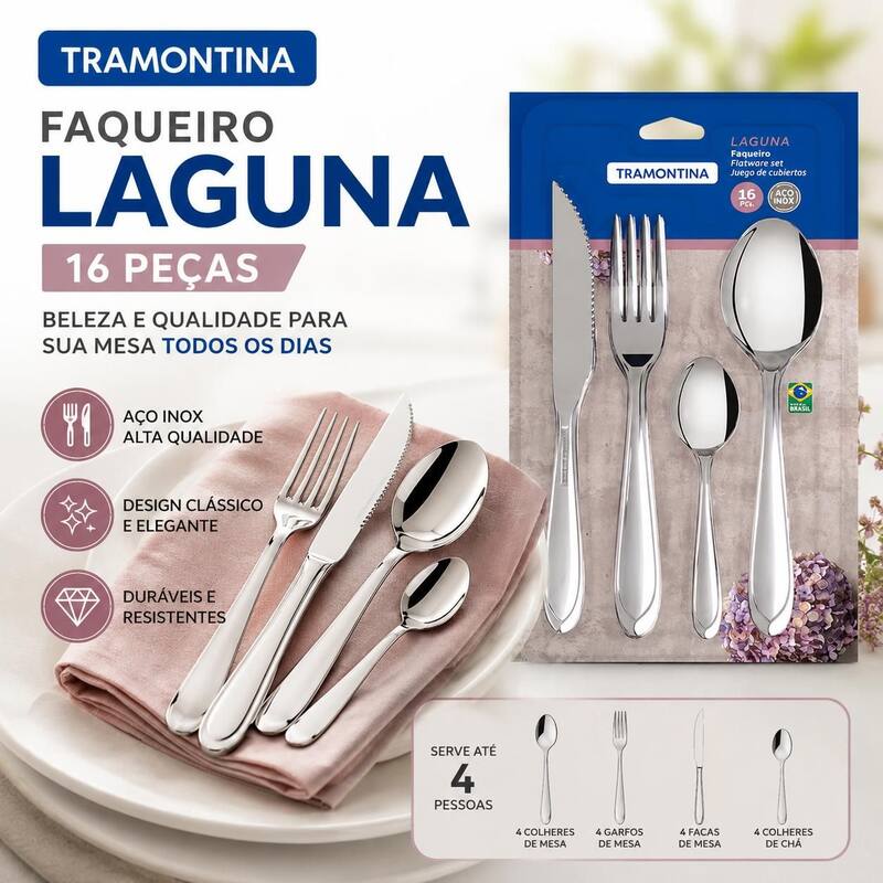 Faqueiro Tramontina Laguna 16 Peças em Aço Inox com Facas de Churrasco Brilho Premium