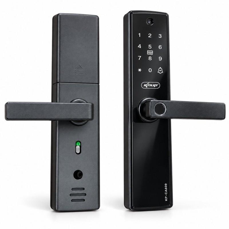 Fechadura Digital Biométrica Wi-Fi com Câmera Knup CA609 Senha Tag App Tuya Embutir Preta