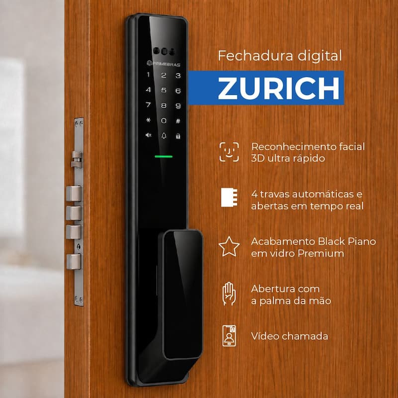 Fechadura Digital Com Reconhecimento Facial Wi-Fi Primebras Zurich P7002