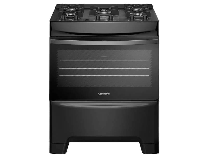 Fogão 5 Bocas Continental Preto Mesa de Vidro, Forno Eco Turbo e Tripla Chama (FC5GB)