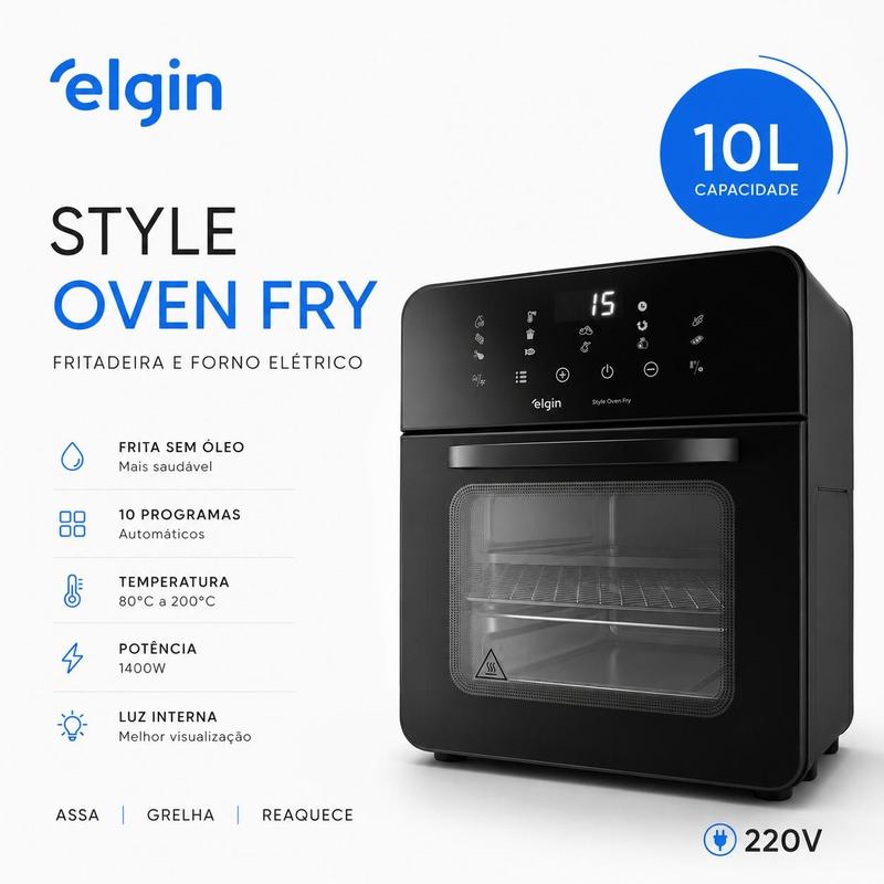 Fritadeira Air Fryer Forno Elgin Style Oven Fry 10L 1400W Painel Digital Sem Óleo Preta 3 em 1