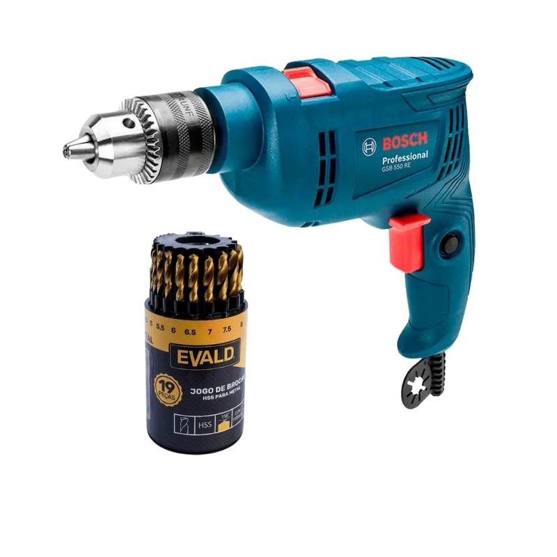 Furadeira de Impacto 1/2" 550W GSB 550 RE Kit 14 Brocas BOSCH e Jogo de Brocas 19 Peças EVALD 110V