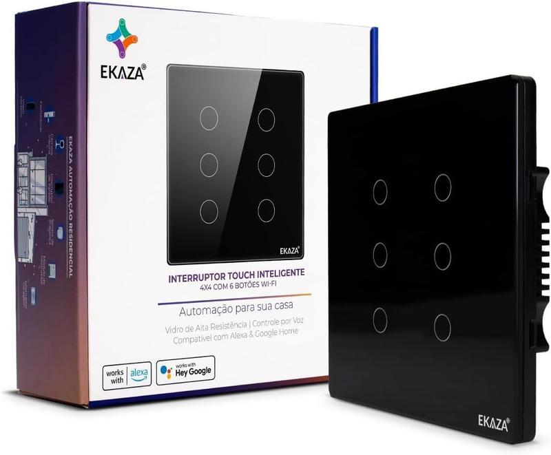 Interruptor Inteligente 6 botões 4X4 Wifi PRETO Compatível Google home e Alexa EKAZA EKAT-T3074-6P