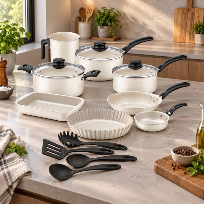 Jogo de Panelas Kit com 12 Peças Bege Antiaderentes com Utensílios