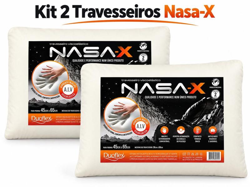 Kit 2 Travesseiros NASA X Duoflex Viscoelástico 45x65x10cm Macio Extremamente Confortável