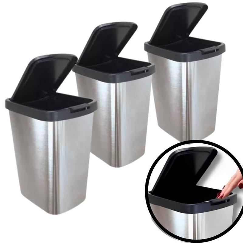 Kit 3 Lixeira Retangular 9 Litros Cesto Lixo Tampa Click Metalizada Banheiro Cozinha Pia - Arqplast