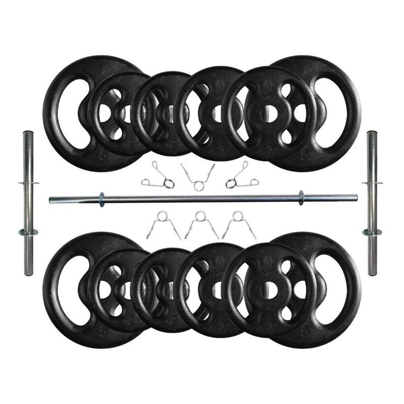 Kit com 40 Kg de Anilhas Ferro Fundido + Barras de Supino e Halteres